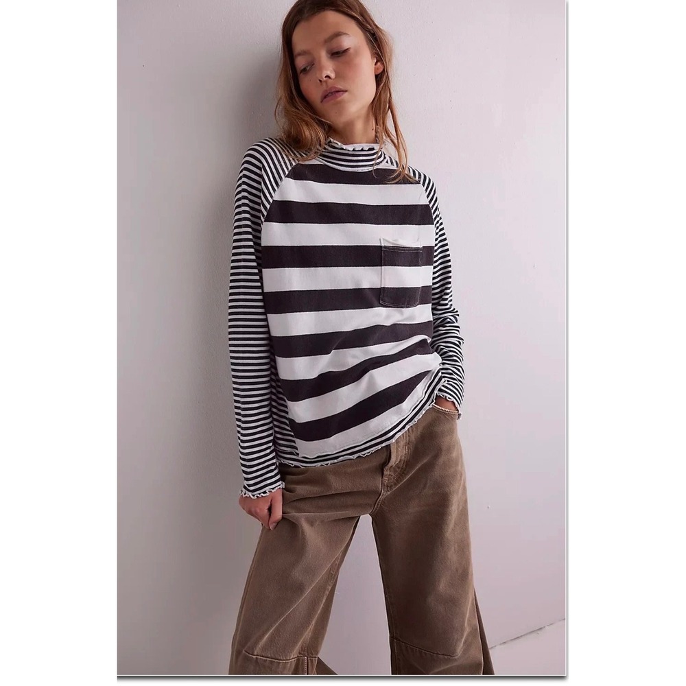 Free People We The Free Punk Playful Turtleneck Striped Top Black Ivory M